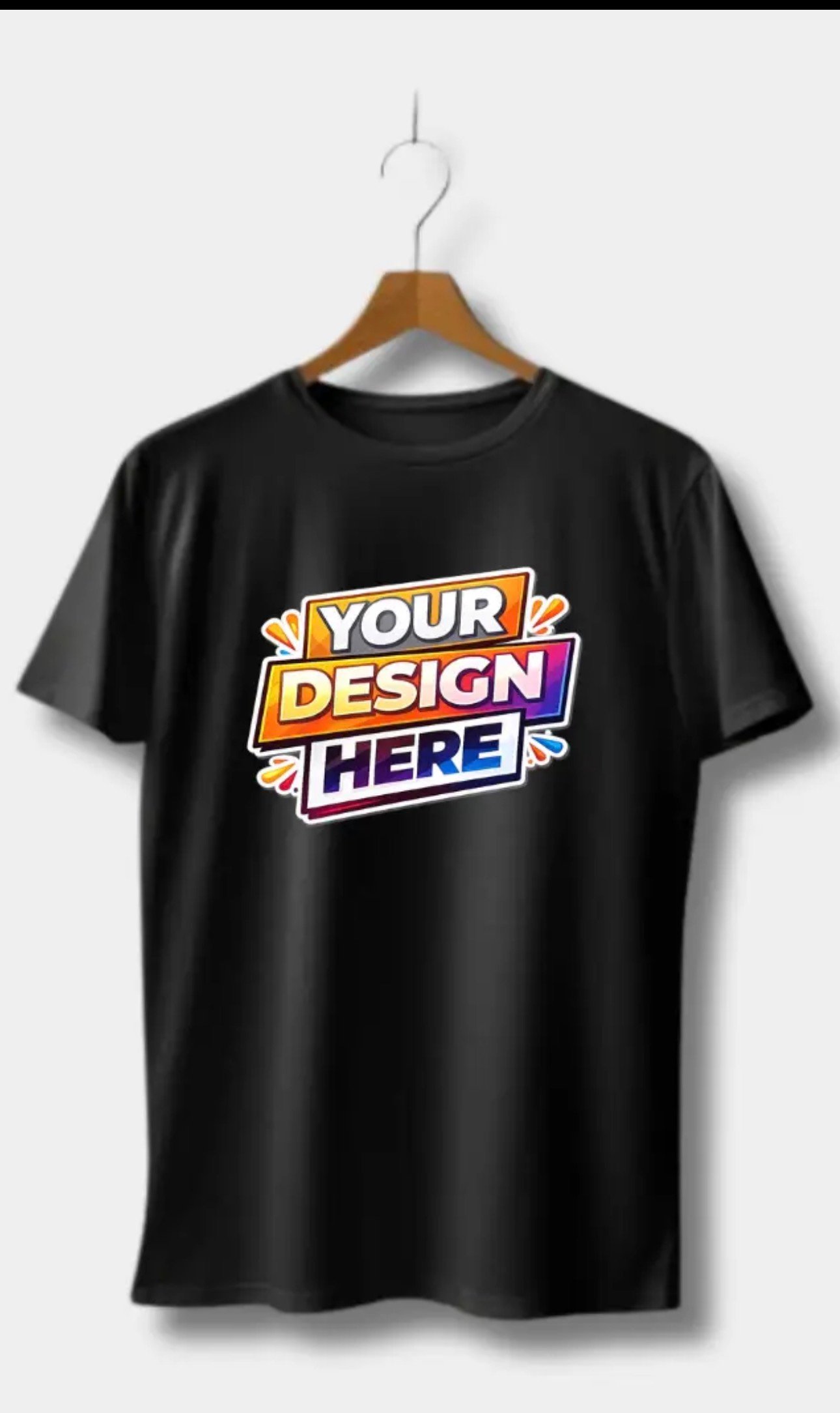 Black crew neck T-shirt on a wooden hanger with a Your Design Here print