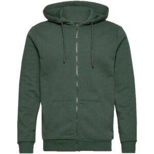 Dark green full-zip hoodie with drawstring hood and split front pocket